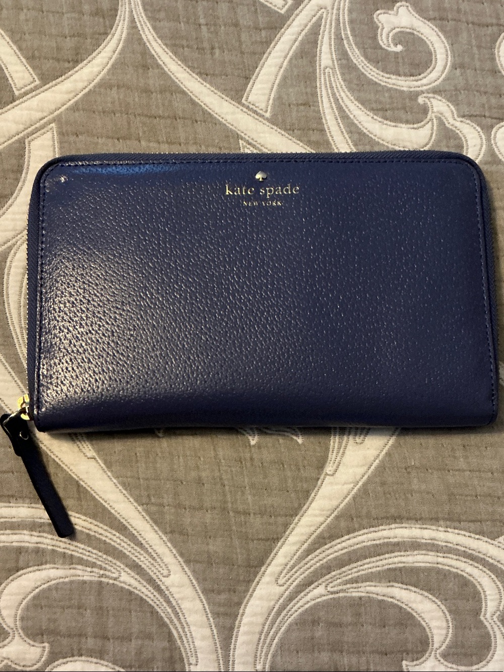 Kate Spade New York Large Navy Blue Pebbled Leather Zip-Around Wallet